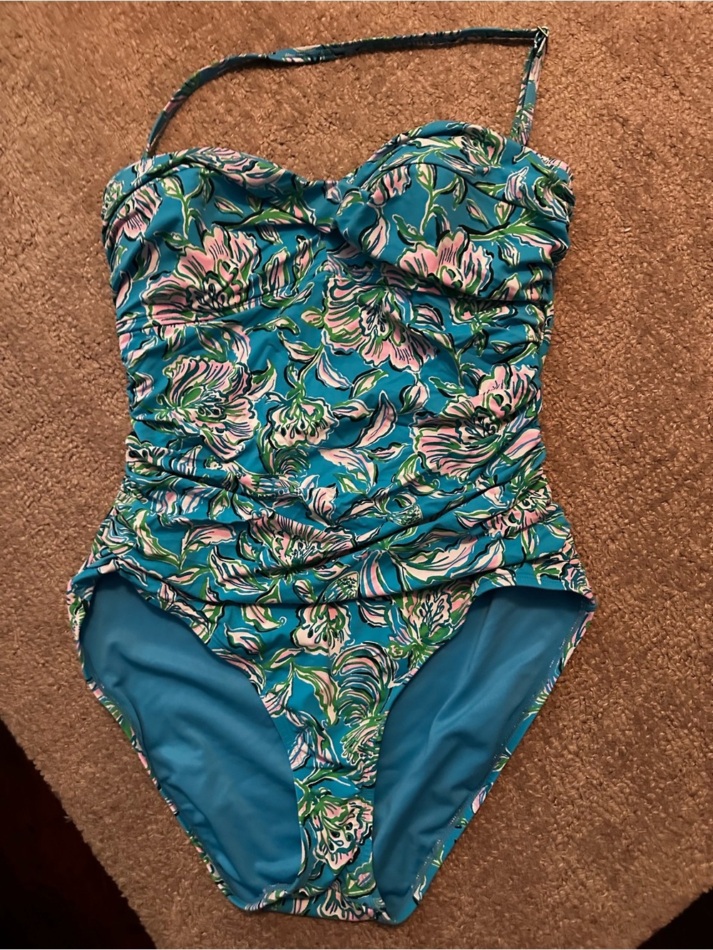 Lilly Pulitzer Turquoise Floral Ruched One-Piece Swimsuit